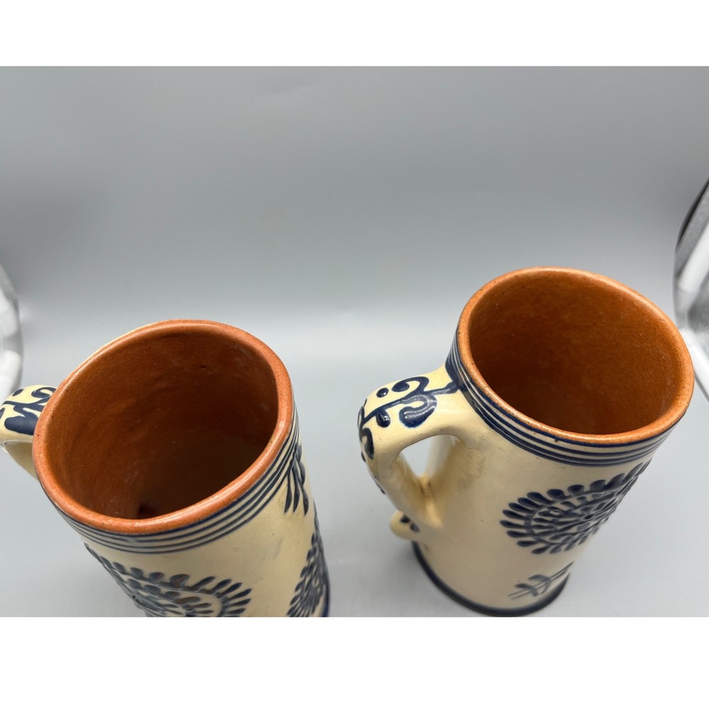Vintage Folk Art Pottery Romania Pair of MugsCream Navy - Picture 4 of 7